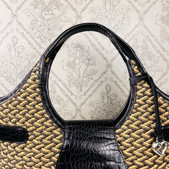 Vintage Brighton Tan & Black  Handbag Croc Woven Leather Leopard Cheetah - Picture 8 of 11